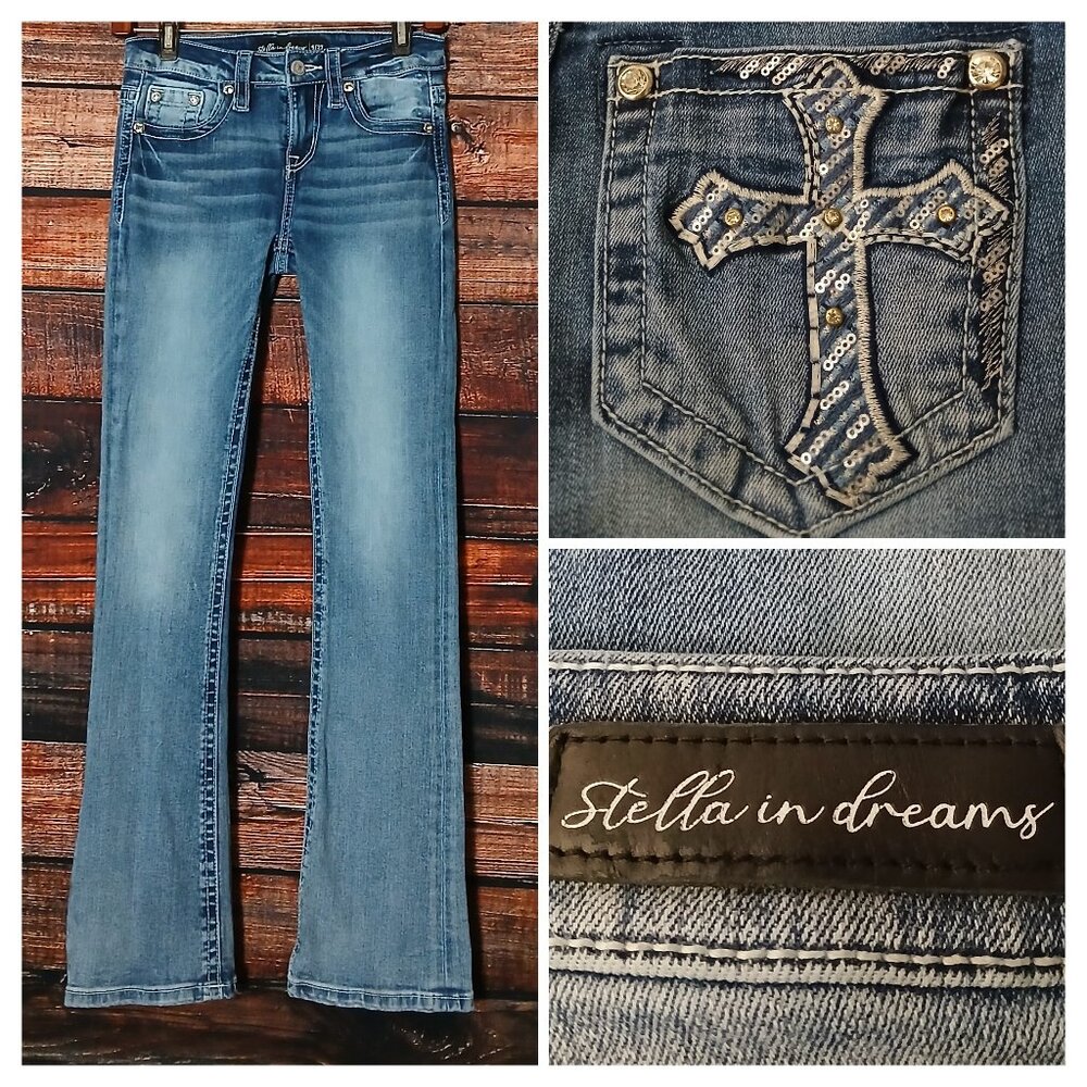 Stella In Dreams Jeans 5 27 Mid Rise Boot Cut Embellished Blue Denim Stretch